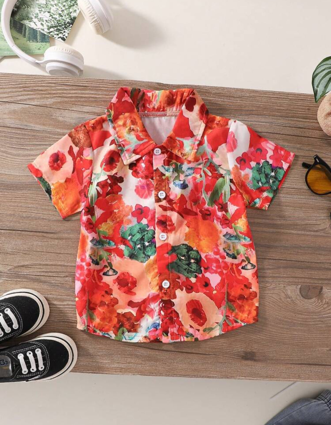 Baby Boys' Summer Printed Shirt And Denim Shorts Outfits Set, Casual Short Sleeve Top Two-Piece Suit