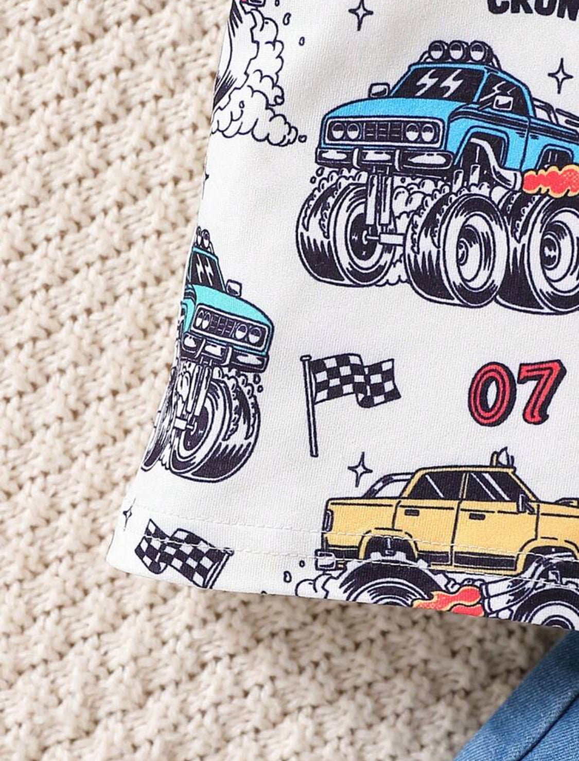 Baby Boy 2pcs Summer Cartoon Car Print Round Neck T-Shirt And Trendy Distressed Denim Shorts Set