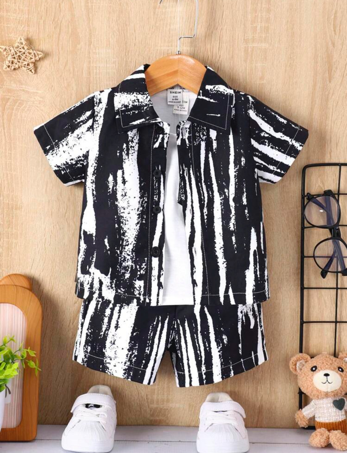 Baby Boy Brush Print Shirt & Shorts Without Tee