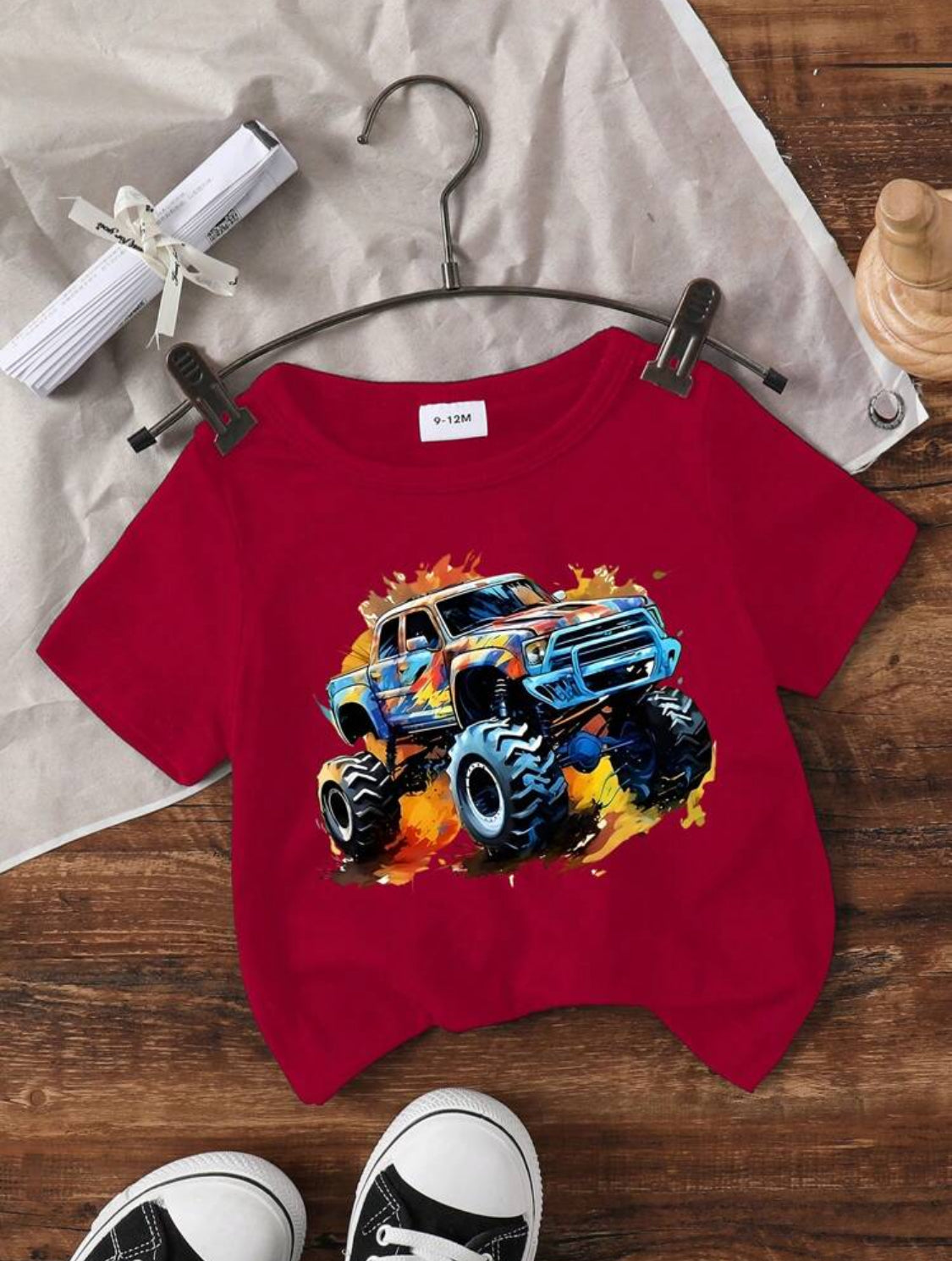 Baby Boy Colorful Splatter Paint Car Printed Short Sleeve T-Shirt, Summer