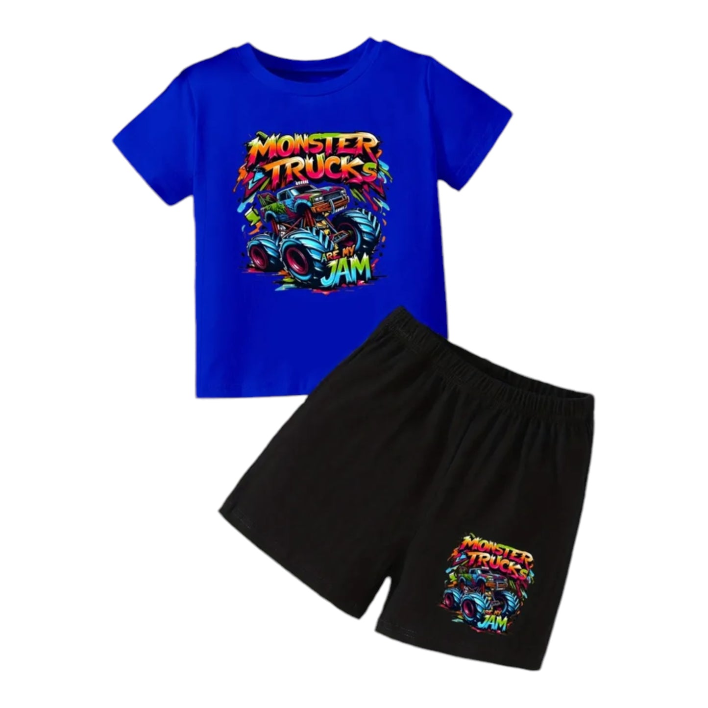 2pcs Monster Trucks Boys' Summer Outfit Set - Soft Cotton, Short Sleeve, Casual Comfortable T-Shirt & Shorts - Perfect for Boys' Everyday Wear, Outdoor Play, and Travel During Warm Weather