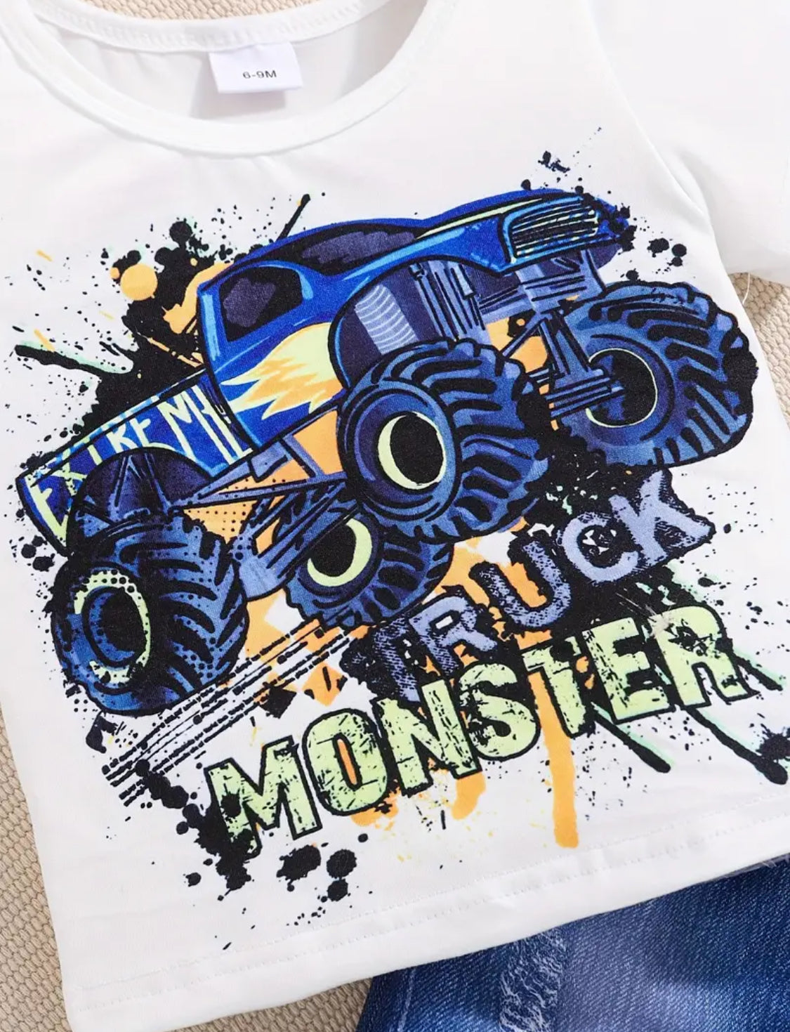 2pcs Baby Boys Toddler Short Sleeve T-Shirt & Denim Look Shorts Set, Casual Cool Monster Truck Print, Faux Button Pockets, Summer Outfit - Cute Style, Outdoor Cloth