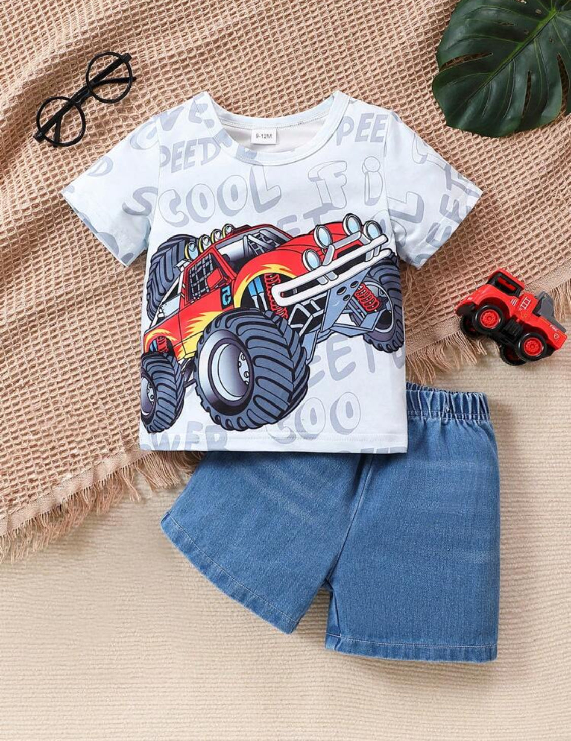 Baby Boy Cool Car Printed T-Shirt And Denim Shorts Set For Summer