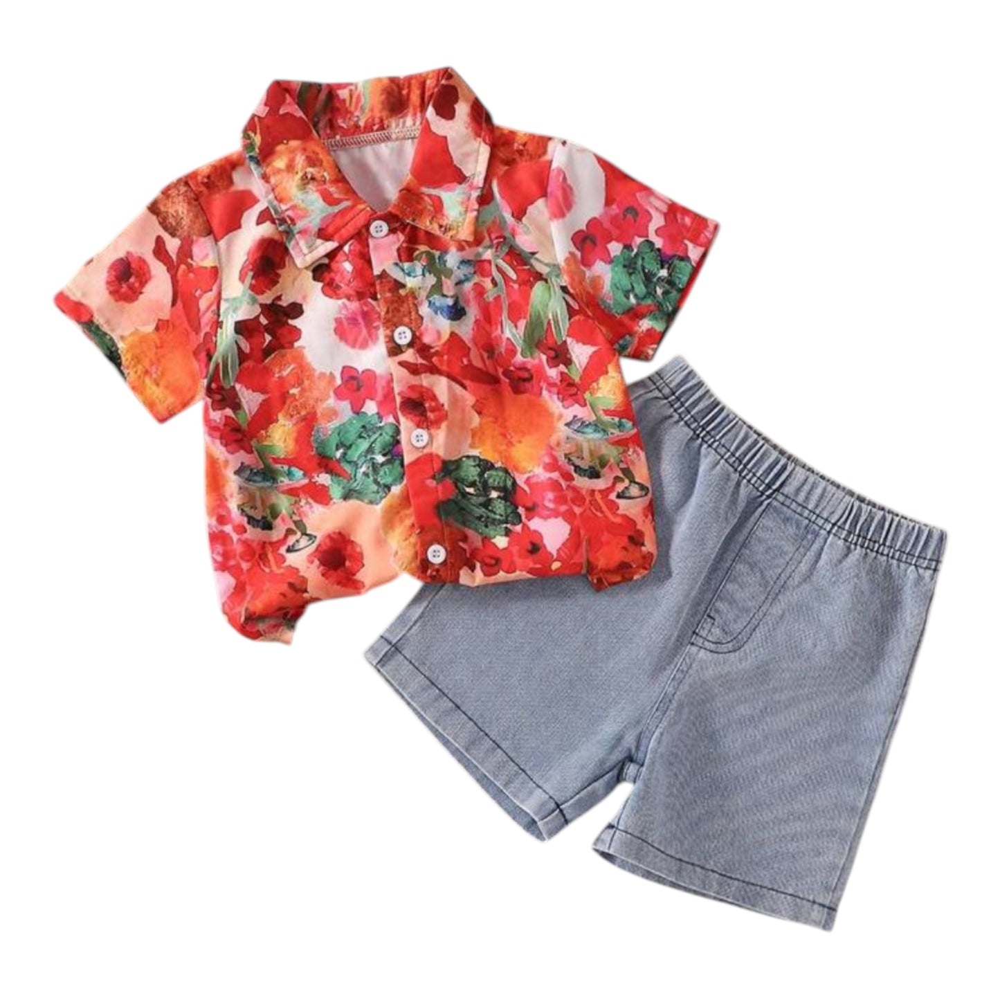 Baby Boys' Summer Printed Shirt And Denim Shorts Outfits Set, Casual Short Sleeve Top Two-Piece Suit