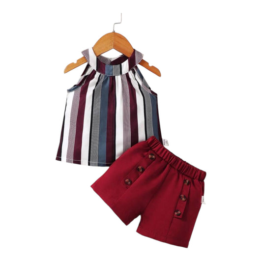 2pcs Baby Girls' Striped Printed Halter Top And Solid Color Shorts Set