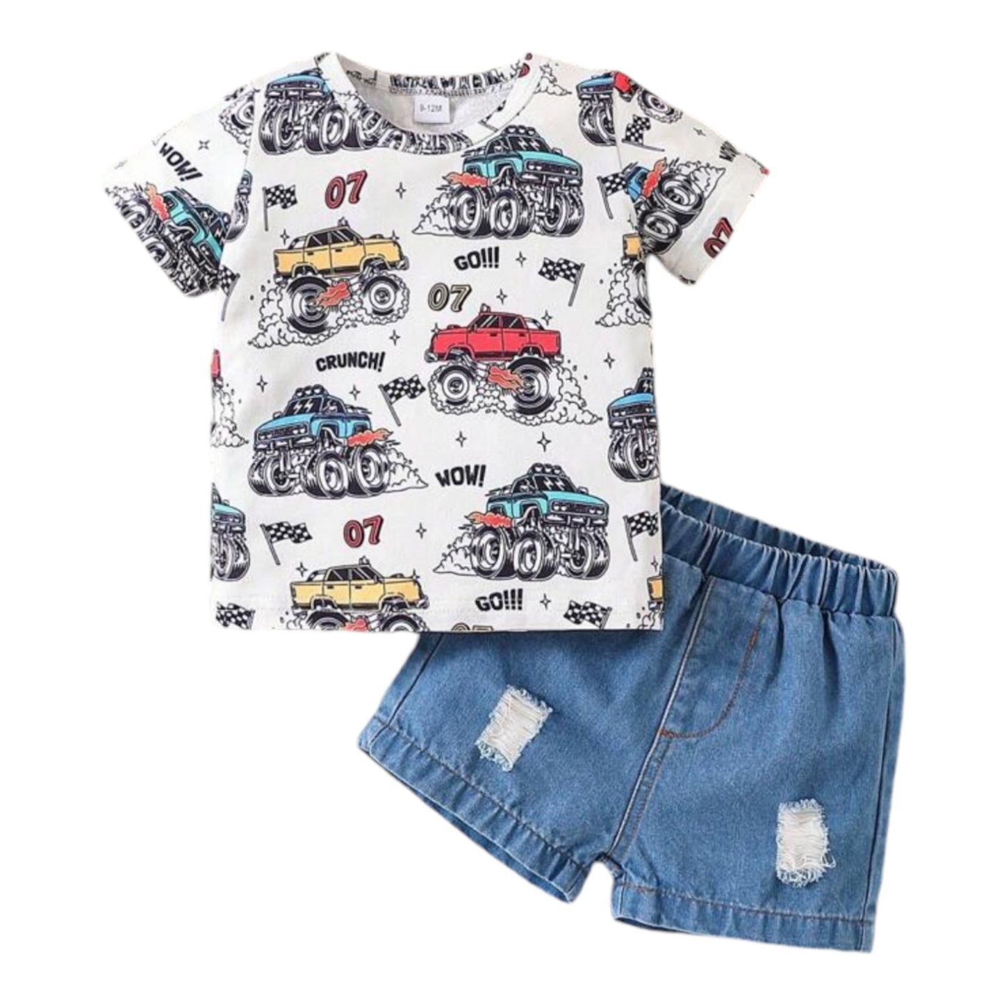 Baby Boy 2pcs Summer Cartoon Car Print Round Neck T-Shirt And Trendy Distressed Denim Shorts Set