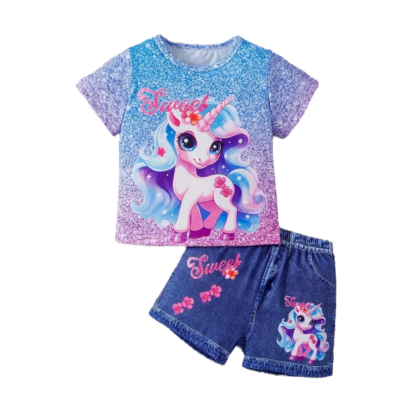 Cute Unicorn Print Girl's Outfit Short Sleeve Top + Pony Graphic Shorts Holiday Casual Set, Summer 2PCS Girls Clothes