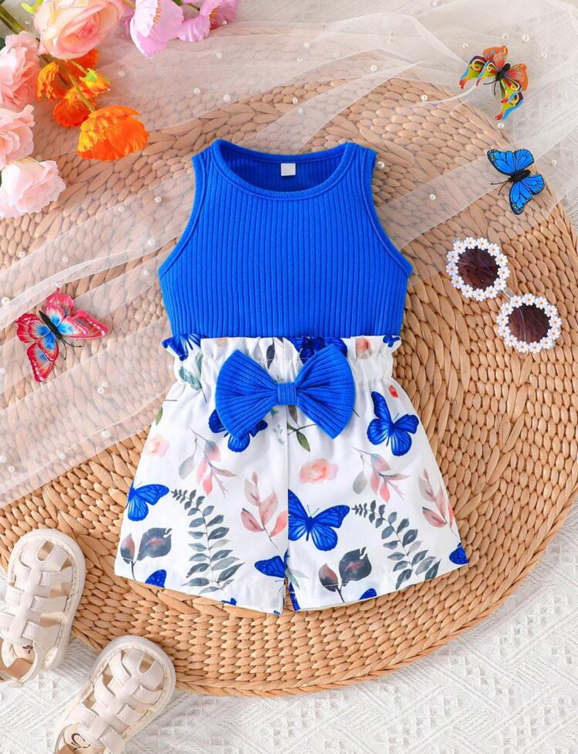 New Summer Trendy Baby Girls' Solid Color Tank Top And Printed Shorts Set With Bowknot, Butterfly & Flower Patterns