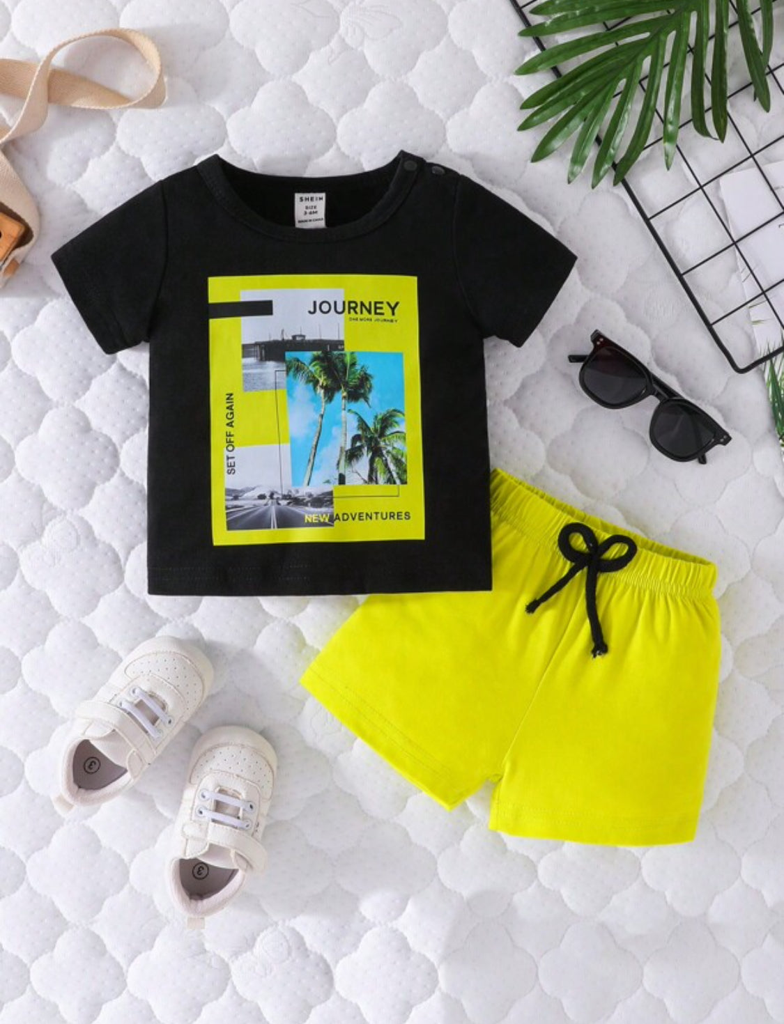 Baby Boy Casual Holiday Letter & Palm Tree Print T-Shirt And Drawstring Shorts Set