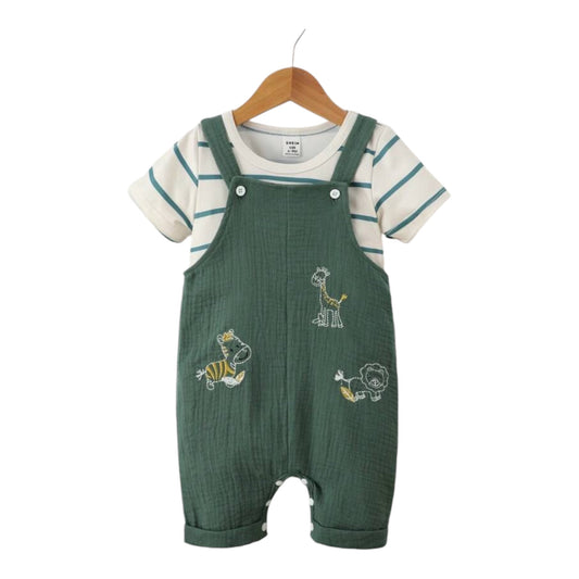 Baby Boy Cute Animal Embroidered Short Sleeve Top And Overalls Set, Summer