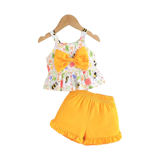 Baby Girl Fashionable Summer Outfits, Cute Bee & Floral Printed Sleeveless Top With Exquisite Bowknot, Matched With Ruffled Shorts, 2pcs/Set