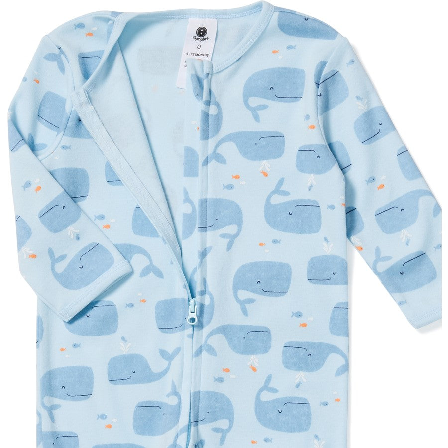 Dymples Baby Organic Cotton Whale Print Coverall - Blue