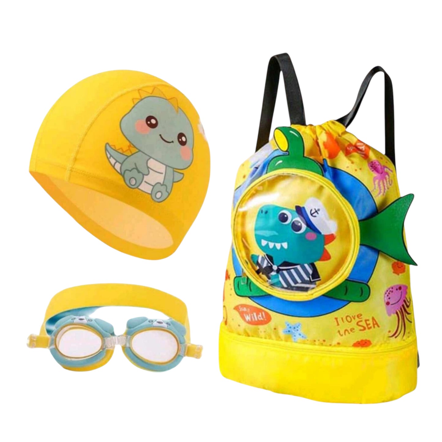 Kids swimming with wet and dry separation + 2pcs cartoon swimming goggles and cap