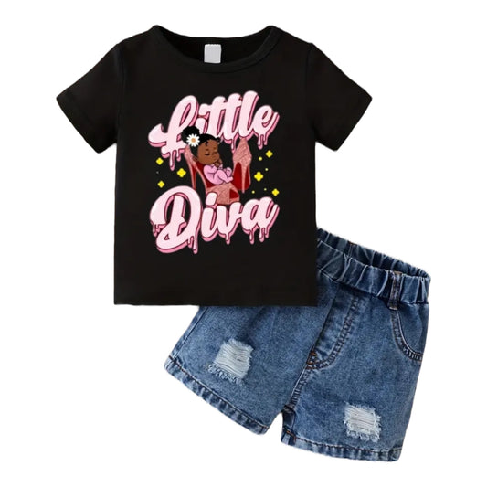 2-Piece "Little Diva" Outfit Set - Adorable T-Shirt & Ripped Denim Shorts for Toddler & Infant Girls, Perfect for Spring and Summer, Comfortable and Stylish Clothing for Little Princesses