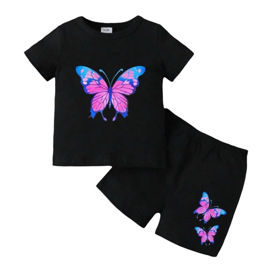 Baby Girl Stylish Iridescent Butterfly Pattern Short Sleeve Top And Shorts Set For Summer