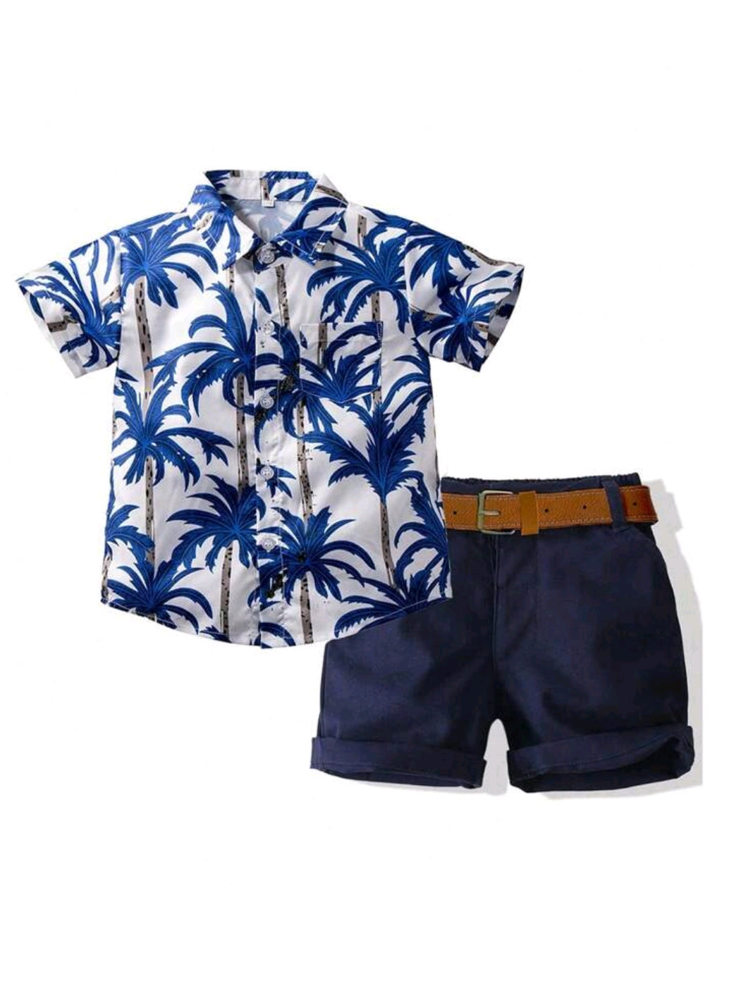 KIMOCAT Young Boy Beach Vacation Style Set, Coconut Tree Printed Short Sleeve Shirt & Shorts With Waistband Casual Outfit