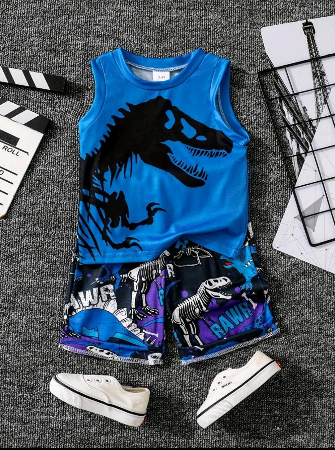 Young Boy 2-Piece Set For 3-7 Years Old Sleeveless Round Neck Dinosaur Print Vest Top Shorts Suit Summer