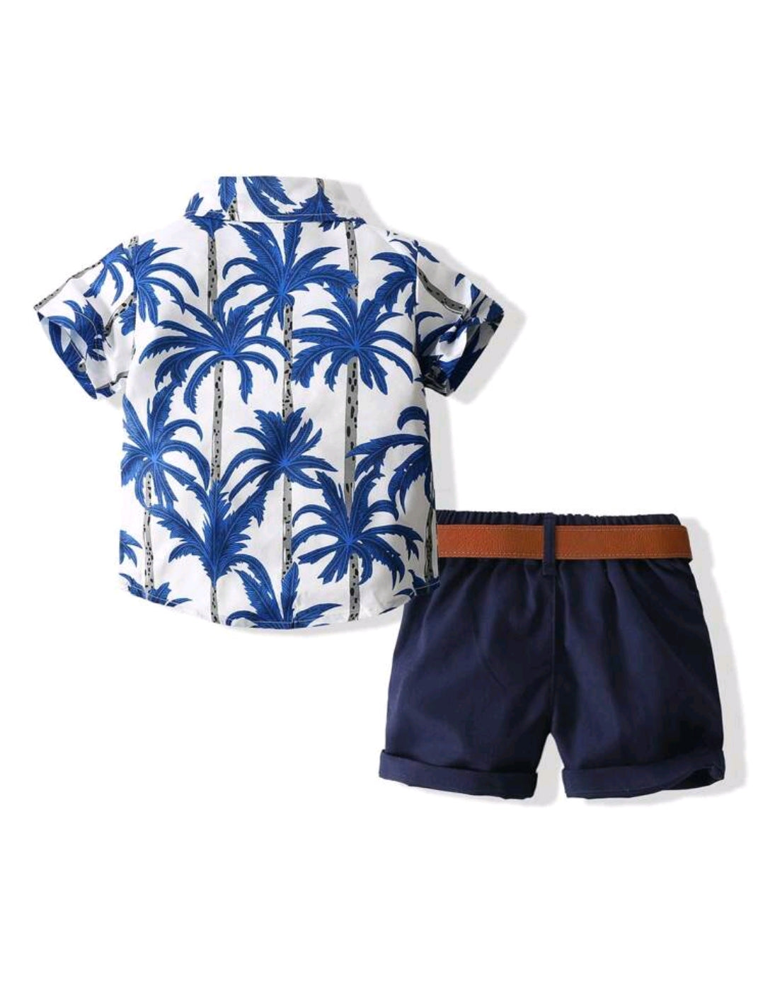 KIMOCAT Young Boy Beach Vacation Style Set, Coconut Tree Printed Short Sleeve Shirt & Shorts With Waistband Casual Outfit