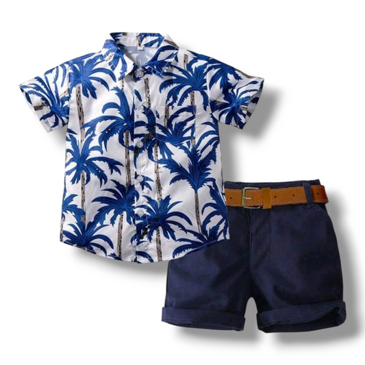 KIMOCAT Young Boy Beach Vacation Style Set, Coconut Tree Printed Short Sleeve Shirt & Shorts With Waistband Casual Outfit