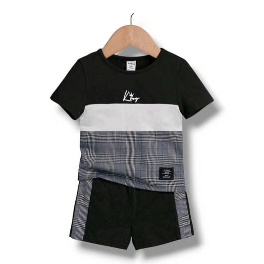 SHEIN Baby Boy Plaid & Letter Graphic Colorblock Tee & Shorts