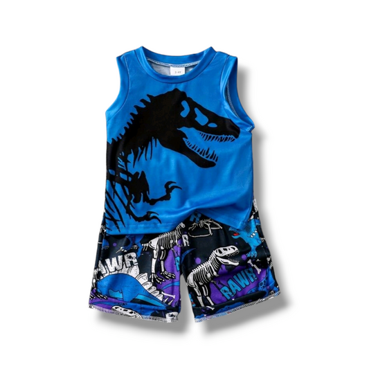 Young Boy 2-Piece Set For 3-7 Years Old Sleeveless Round Neck Dinosaur Print Vest Top Shorts Suit Summer