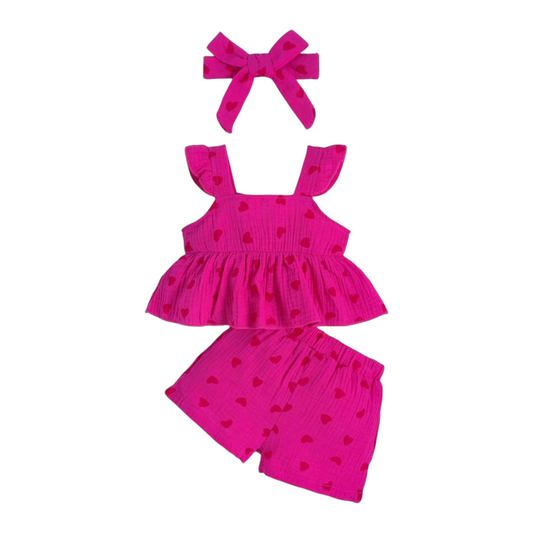 Baby Girl Heart Print Ruffle Trim Peplum Top & Shorts