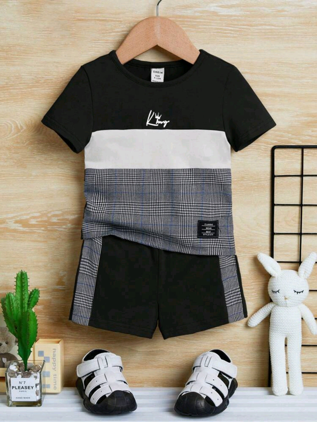 SHEIN Baby Boy Plaid & Letter Graphic Colorblock Tee & Shorts